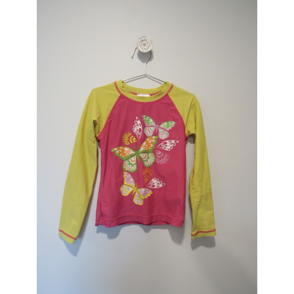 Hanna Andersson Kids Pink Yellow Butterfly Long Sleeve Rash Guard Swim Shirt 120